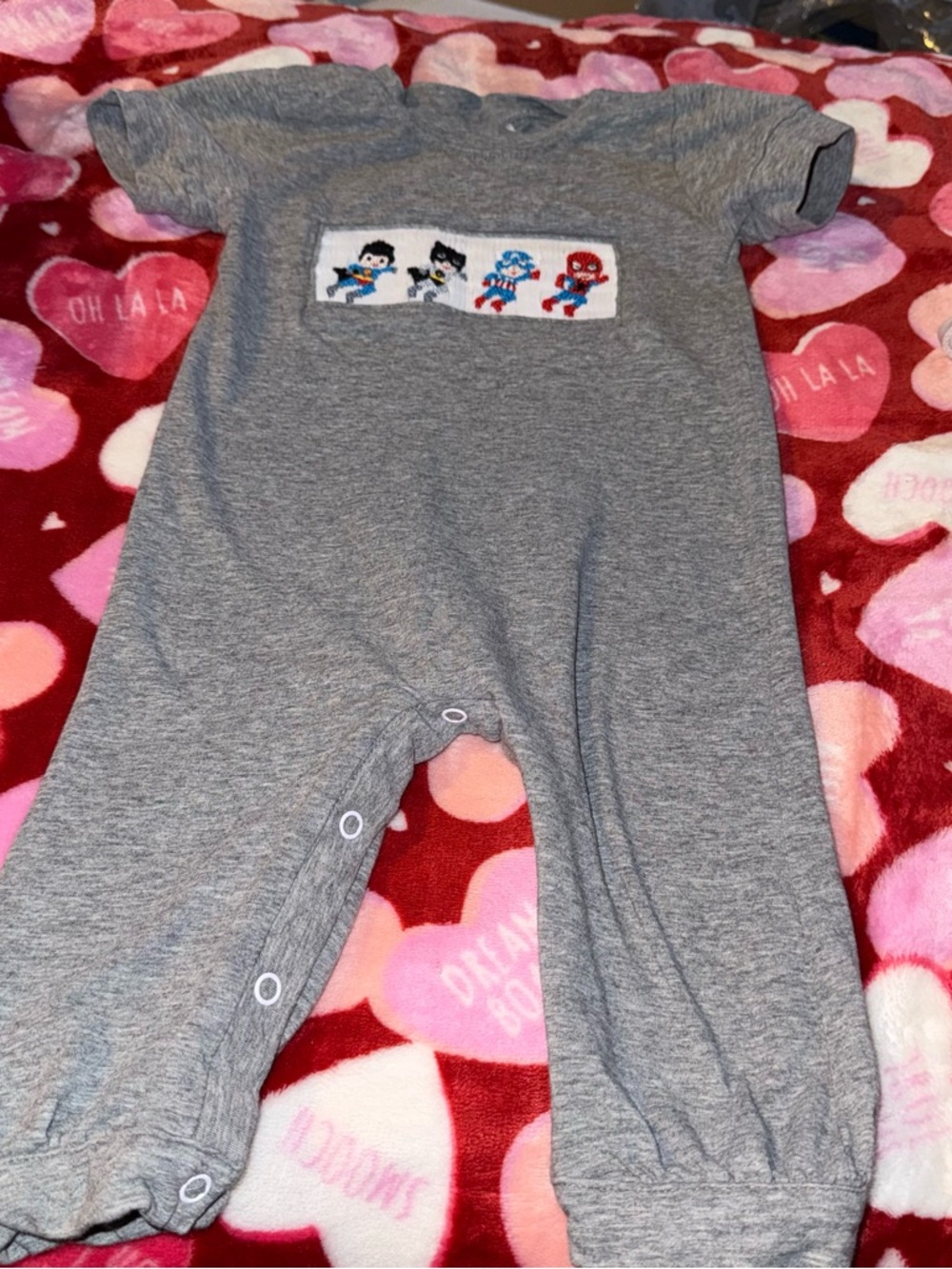 Smocked Mama Baby Boys Size 6 months Superheroes Romper SpiderMan Batman